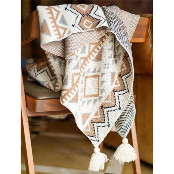 Boho Throw Blanket, Knitted Tassel Brown Throw Blankets, Soft Lightweight Tan - Picture 5 of 6